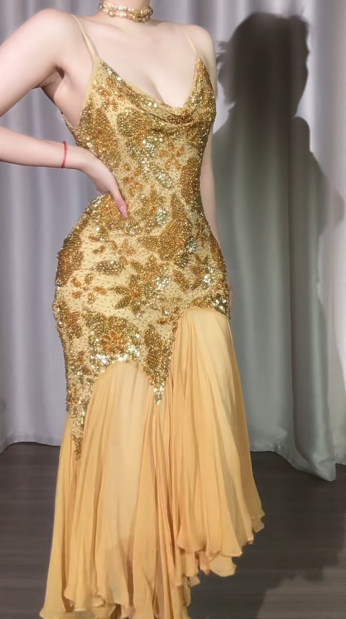 Vintage Sheath Gold Long Prom Dresses Chiffon Beaded Gold Evening Dresses DP3922