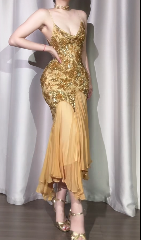 Vintage Sheath Gold Long Prom Dresses Chiffon Beaded Gold Evening Dresses DP3922