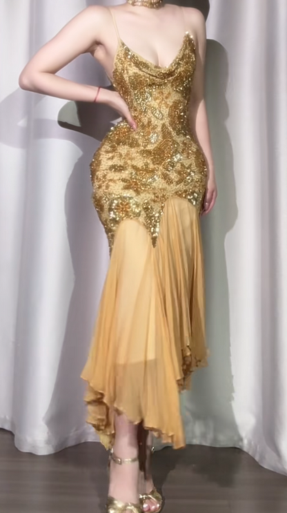 Vintage Sheath Gold Long Prom Dresses Chiffon Beaded Gold Evening Dresses DP3922