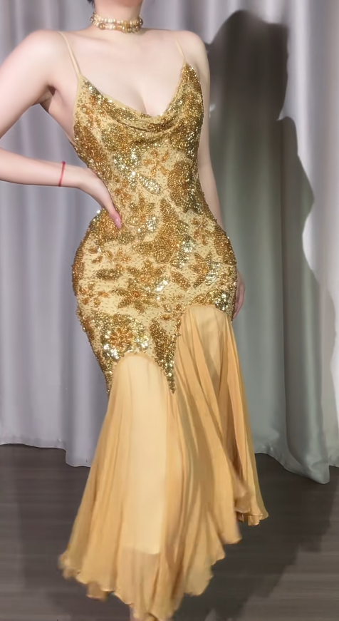 Vintage Sheath Gold Long Prom Dresses Chiffon Beaded Gold Evening Dresses DP3922
