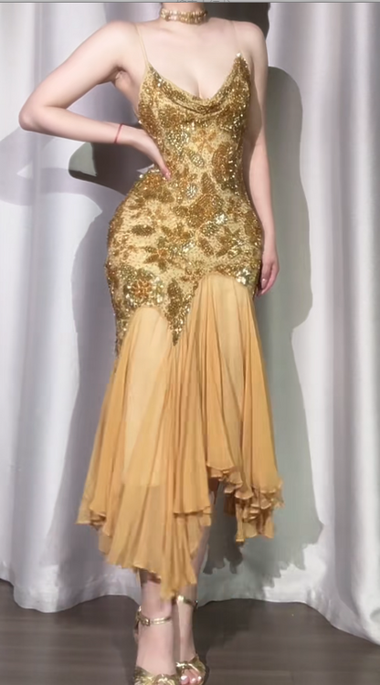 Vintage Sheath Gold Long Prom Dresses Chiffon Beaded Gold Evening Dresses DP3922