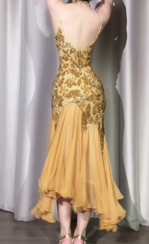 Vintage Sheath Gold Long Prom Dresses Chiffon Beaded Gold Evening Dresses DP3922