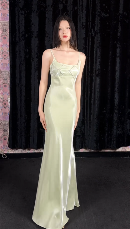 Glam Sheath Light Champagne Long Prom Dresses Satin Sleeveless Light Champagne Evening Dresses DP3924