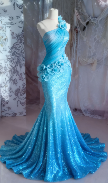 Elegant Mermaid Blue Long Prom Dresses, Sleeveless Sequined Blue Formal Dresses DP3932