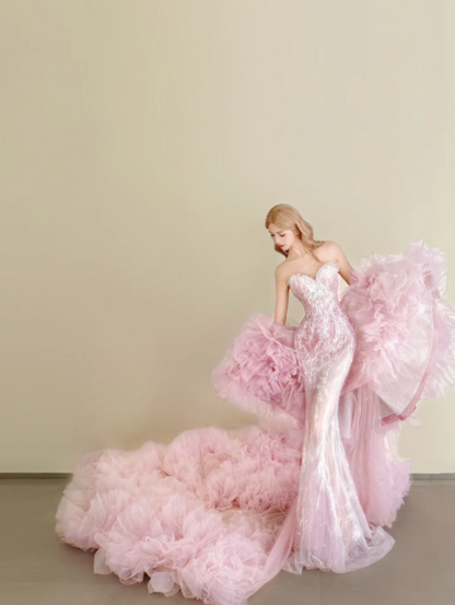 Elegant Mermaid Pink Long Prom Dresses Tulle Sleeveless Pink Birthday Dresses Sweetheart Neck Rhinestone Evening Dresses DP3933