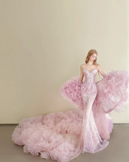 Elegant Mermaid Pink Long Prom Dresses Tulle Sleeveless Pink Birthday Dresses Sweetheart Neck Rhinestone Evening Dresses DP3933