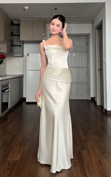 Elegant Sheath White Long Prom Dresses, Satin Sleeveless White Wedding Guest Dresses DP3934