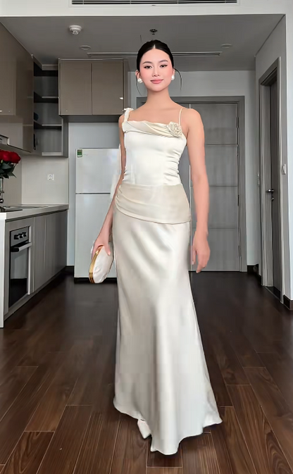Elegant Sheath White Long Prom Dresses, Satin Sleeveless White Wedding Guest Dresses DP3934