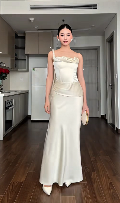Elegant Sheath White Long Prom Dresses, Satin Sleeveless White Wedding Guest Dresses DP3934