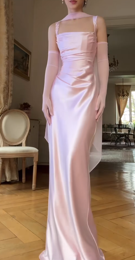 Elegant Sheath Pink Long Prom Dresses Satin Sleeveless Pink Wedding Guest Dresses DP3935