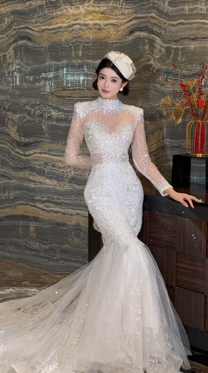 Timeless Mermaid Long Wedding Dressses Long Sleeve White Bridal Dresses Tulle Applique Bridal Gowns DP3937