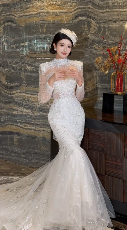 Timeless Mermaid Long Wedding Dressses Long Sleeve White Bridal Dresses Tulle Applique Bridal Gowns DP3937