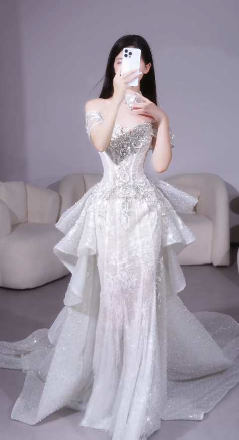 Gorgeous Sheath Long Wedding Dresses, Short Sleeve White Bridal Dresses, Rhinestone Tulle Bridal Gowns DP3939