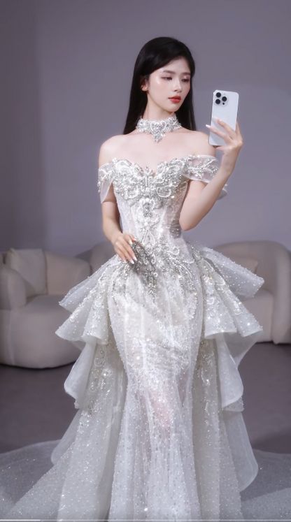 Gorgeous Sheath Long Wedding Dresses, Short Sleeve White Bridal Dresses, Rhinestone Tulle Bridal Gowns DP3939