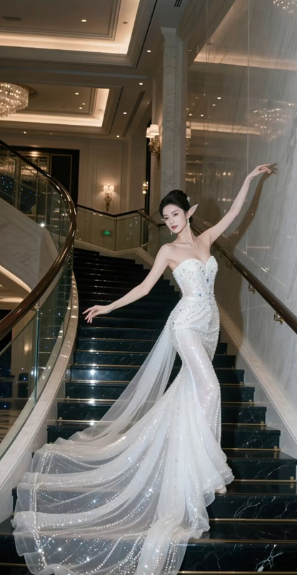 Gorgeous Sheath Train Wedding Dresses, Sleeveless White Bridal Dresses, Beaded Tulle Bridal Gowns DP3940