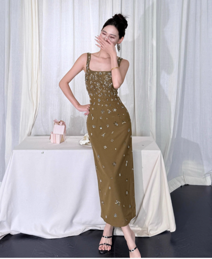 Elegant Sheath Olive Green Evening Dresses Beaded Satin Olive Green Wedding Guest Dresses DP3941