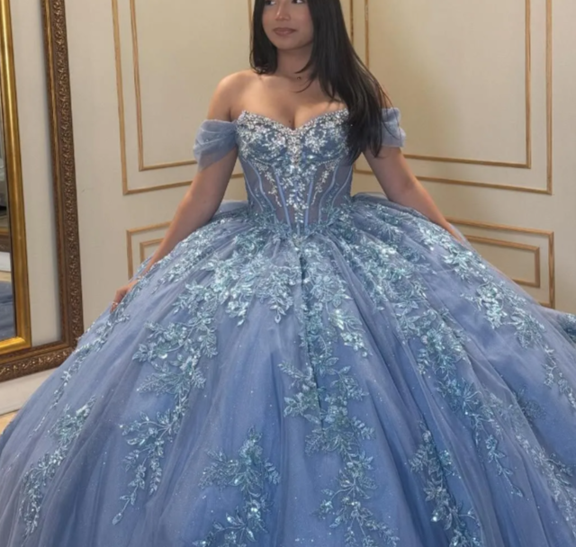 Fairy Off-Shoulder Blue Long Prom Dresses; Sparkly Tulle Appliqué Blue Quinceanera Dresses Sweet 16 Dresses DP3944