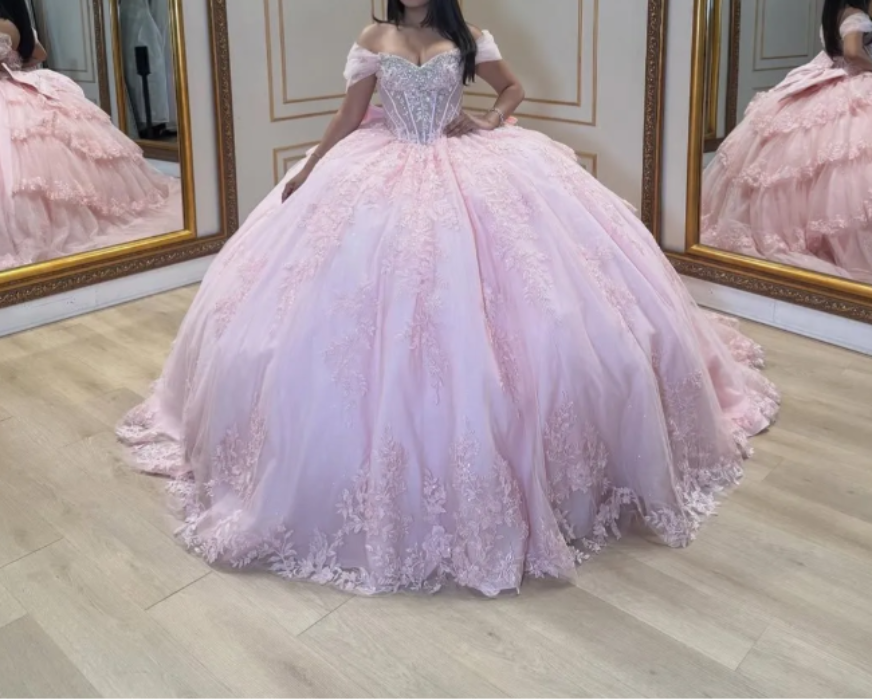 Fairy Off-Shoulder Pink Long Prom Dresses; Sparkly Tulle Appliqué Pink Quinceanera Dresses Sweet 16 Dresses DP3945