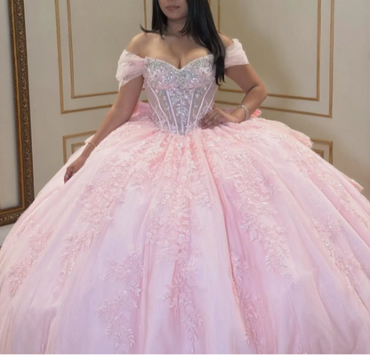 Fairy Off-Shoulder Pink Long Prom Dresses; Sparkly Tulle Appliqué Pink Quinceanera Dresses Sweet 16 Dresses DP3945