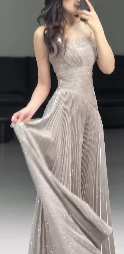 Elegant Strapless Sheath Light Brown Long Prom Dresses Sleeveless Chiffon Light Brown Evening DressesDP3946