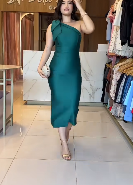 Elegant One Shoulder Sheath Green Wedding Guest Dresses Sleeveless Satin Green Mother of the Bride Dress DP3947