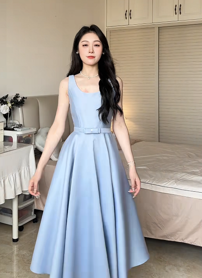 Elegant Spaghetti Strap A-Line Blue Wedding Guest Dresses Sleeveless Satin Mother of the Bride Dress DP3948