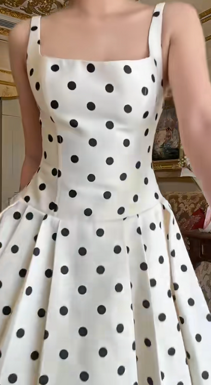 Elegant Spaghetti Strap A-Line Polka Dot Birthday Dresses Sleeveless Satin Polka Dot Evening Dresses DP3949