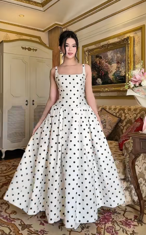 Elegant Spaghetti Strap A-Line Polka Dot Birthday Dresses Sleeveless Satin Polka Dot Evening Dresses DP3949