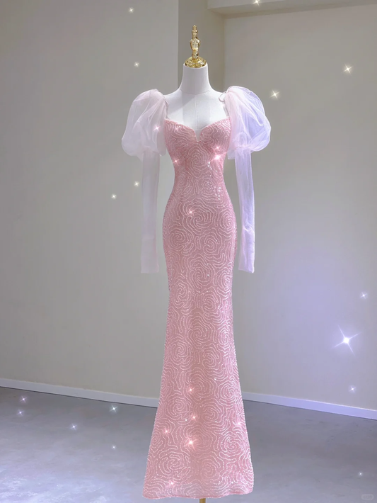 Pretty Mermaid Strapless Sequin Long Pink Prom Dresses Graduation Dress High School Classy Evening Dresses DP395