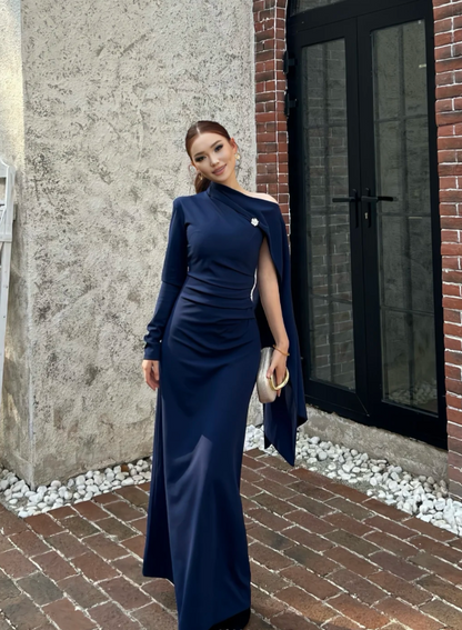 Glam Sheath Mother Of Bride Dresses Long-Sleeved Navy Blue Wedding Guest Dresses DP3950