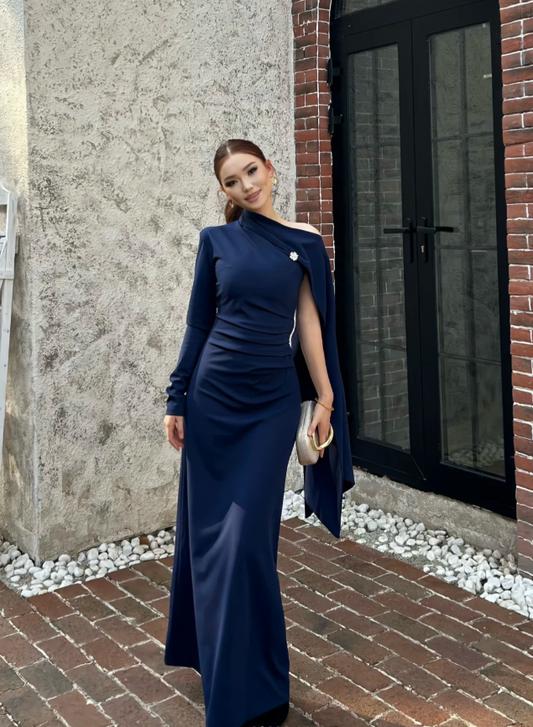 Glam Sheath Mother Of Bride Dresses Long-Sleeved Navy Blue Wedding Guest Dresses DP3950