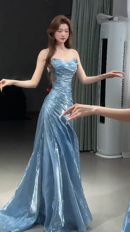 Fairy Strapless Sheath White Long Prom Dresses Tulle Sleeveless Blue Evening Dresses DP3952