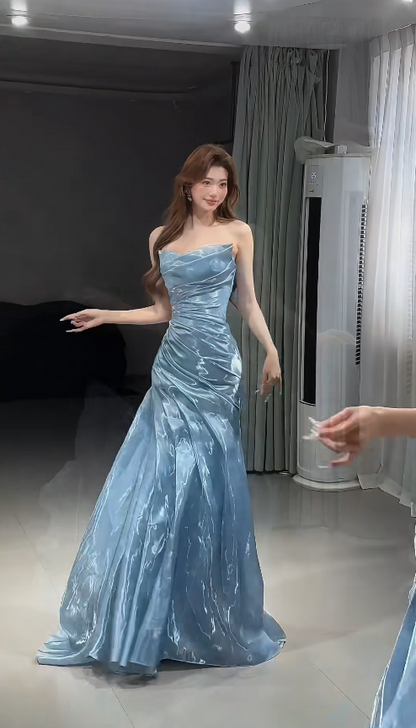 Fairy Strapless Sheath White Long Prom Dresses Tulle Sleeveless Blue Evening Dresses DP3952