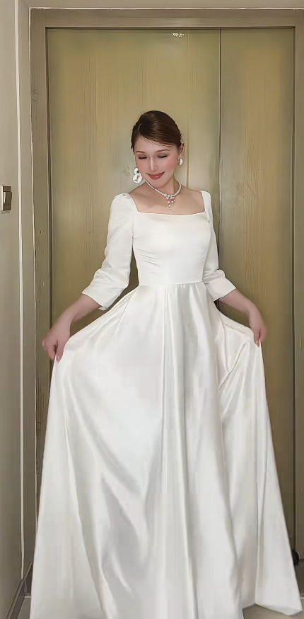 Elegant Sheath White Long Prom Dresses Satin Long Sleeve White Mother of Bride Dress DP3953