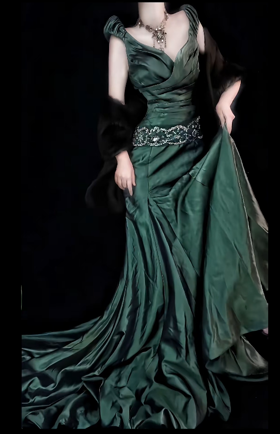 Elegant V-neck Sheath Green Long Prom Dress Satin Green Evening Dress DP3954