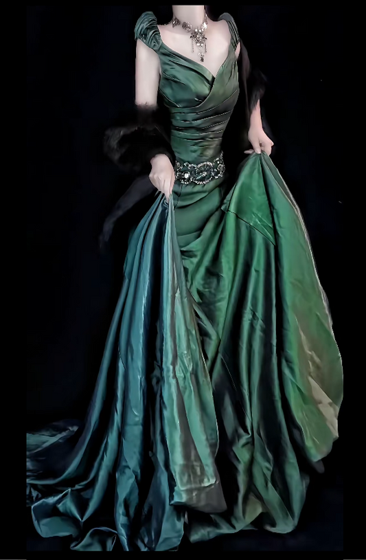 Elegant V-neck Sheath Green Long Prom Dress Satin Green Evening Dress DP3954
