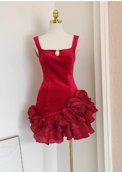 Elegant Sheath Red Short Prom Dresses Velvet Sleeveless Red Birthday Dresses DP3956