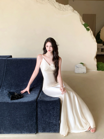 Elegant Sheath White Long Prom Dresses Spaghetti Strap Satin White Evening Dresses DP03957