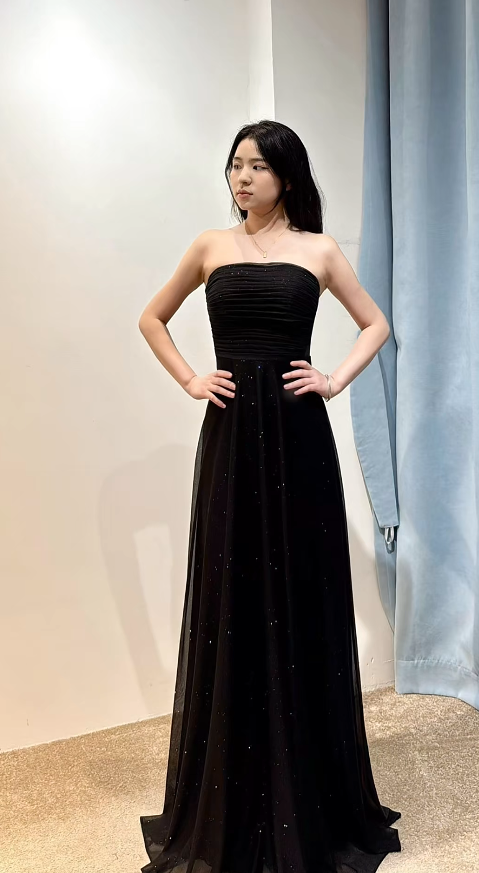 Elegant Sheath Black Long Prom Dresses Sparkly Chiffon Strapless Black Evening Dresses DP3959