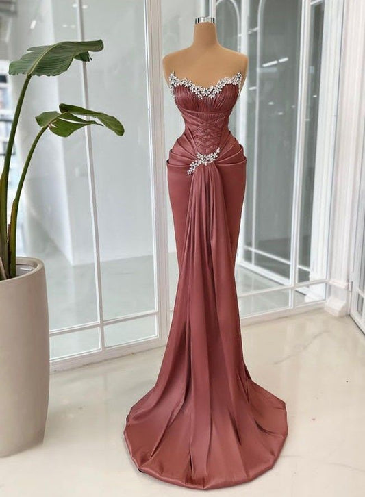 Sexy Sweetheart Neck Sheath Long Prom Dresses Sleeveless Satin Evening Dresses DP3961