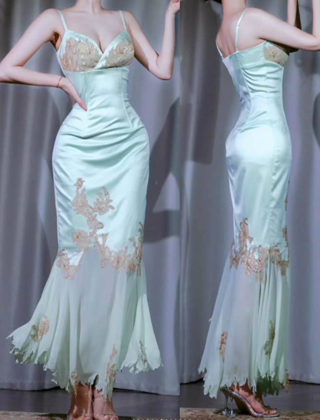Vintage Spaghetti Straps Sheath Long Prom Dresses, Sleeveless Satin Tiffany Blue Evening Dresses DP3962