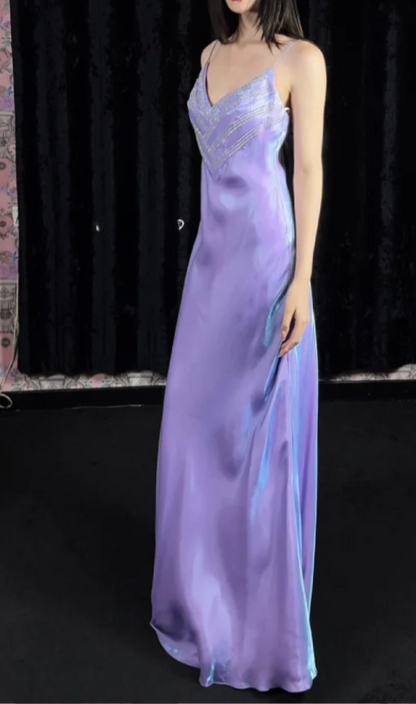 Vintage Spaghetti Straps Sheath Purple Long Prom Dresses, Sleeveless Satin Purple Evening Dresses DP3963