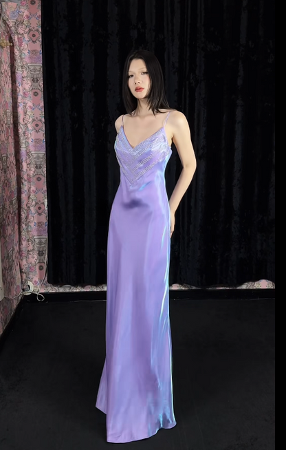 Vintage Spaghetti Straps Sheath Purple Long Prom Dresses, Sleeveless Satin Purple Evening Dresses DP3963