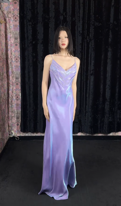 Vintage Spaghetti Straps Sheath Purple Long Prom Dresses, Sleeveless Satin Purple Evening Dresses DP3963