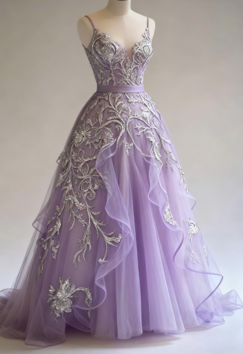 Gorgeous Spaghetti Straps A-Line Purple Long Prom Dresses Sleeveless Tulle Purple Evening Dresses DP3964