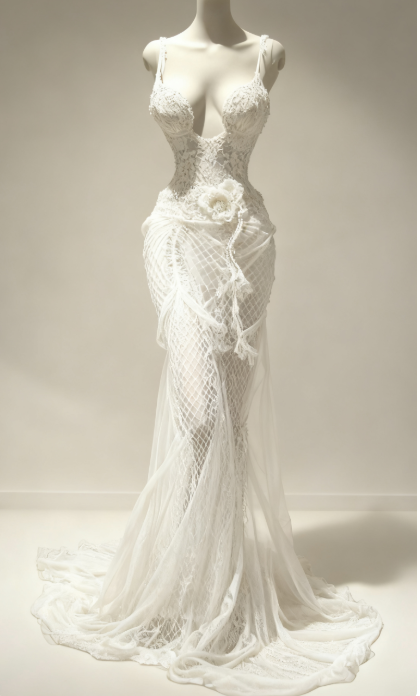 Gorgeous Spaghetti Straps Mermaid White Long Prom Dresses Sleeveless Tulle White Evening Dresses DP3965