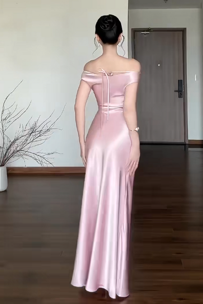 Chic Off-shoulder Sheath Pink Bridesmaid Dresses Satin Pink Evening Gowns DP3968