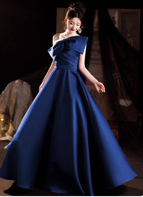 Chic One-shoulder A-Line Blue Bridesmaid Dresses Satin Blue Evening Gowns DP3969