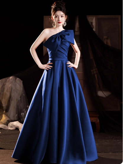 Chic One-shoulder A-Line Blue Bridesmaid Dresses Satin Blue Evening Gowns DP3969