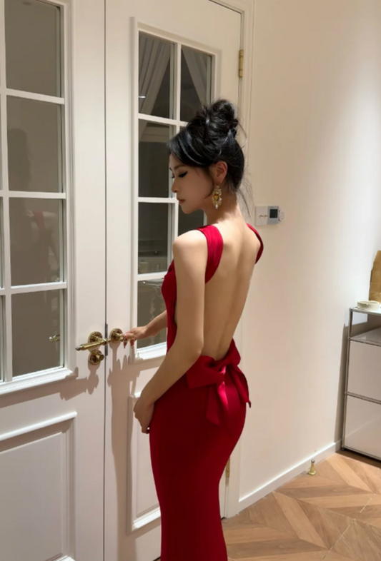 Chic Straps Sheath Red Long Prom Dresses Satin Red Birthday Dresses with Open Back DP3970